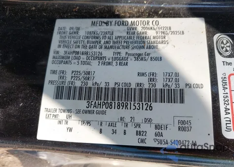 2009 Ford Fusion Sel from USA, damaged, VIN 3FAHP08189R153126
